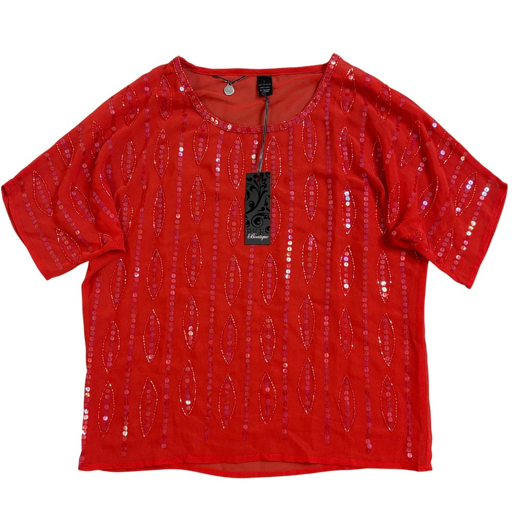 NWT BKE Boutique Womens Red Sequin Beaded Sheer Short Sleeve Blouse Top Large